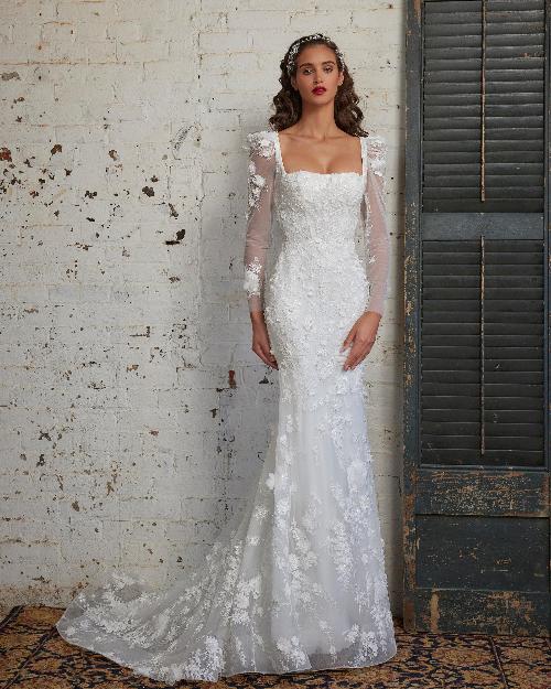 123249 long sleeve sheath wedding dress with square neckline1